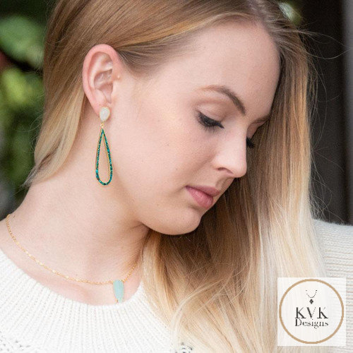 14 Karat Gold Plated Rainbow Moonstone and Turquoise Chip Post Earrings