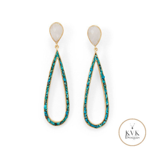 14 Karat Gold Plated Rainbow Moonstone and Turquoise Chip Post Earrings