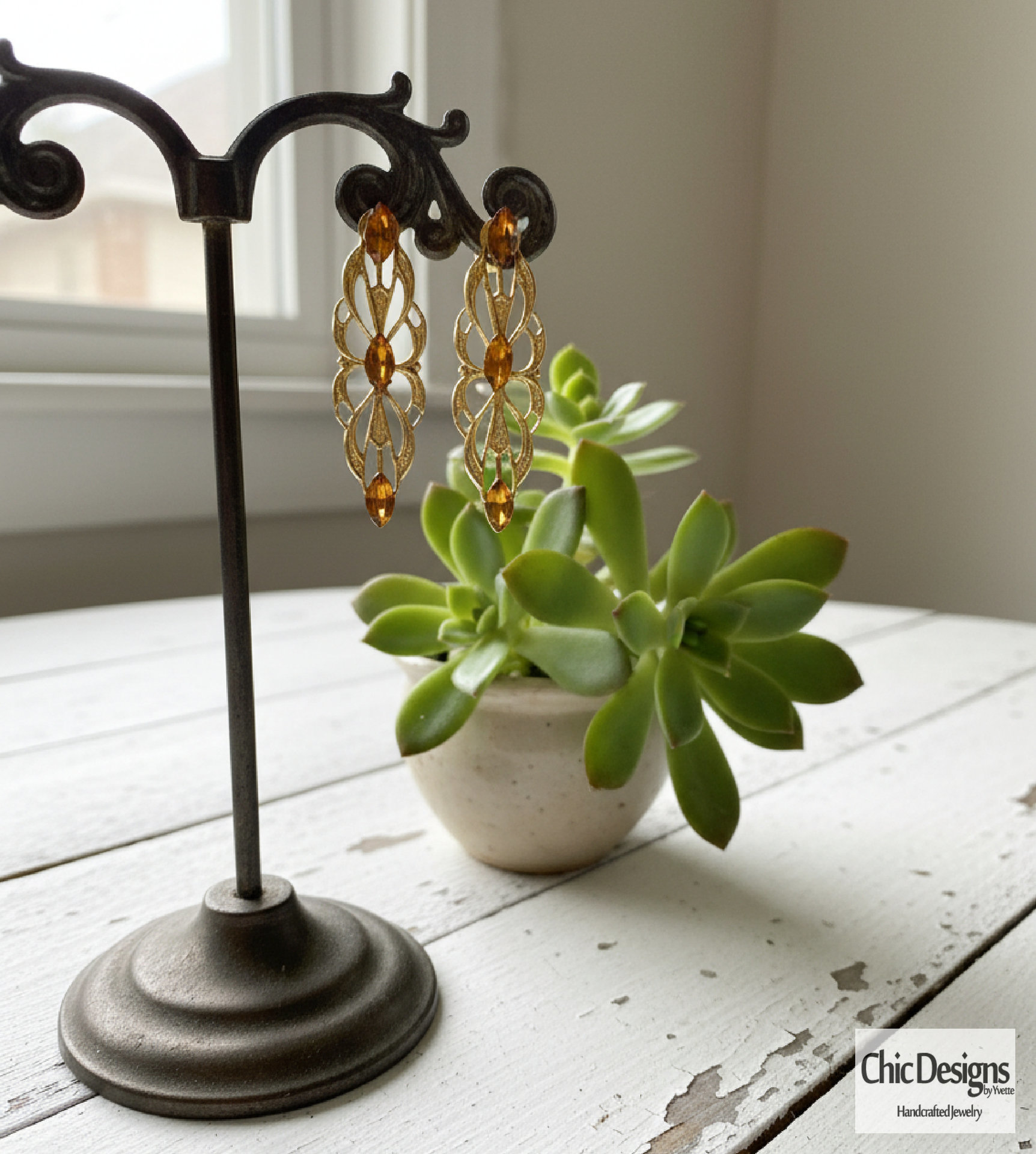 Amber Swarovski Rhinestone Filigree Pendant Earrings