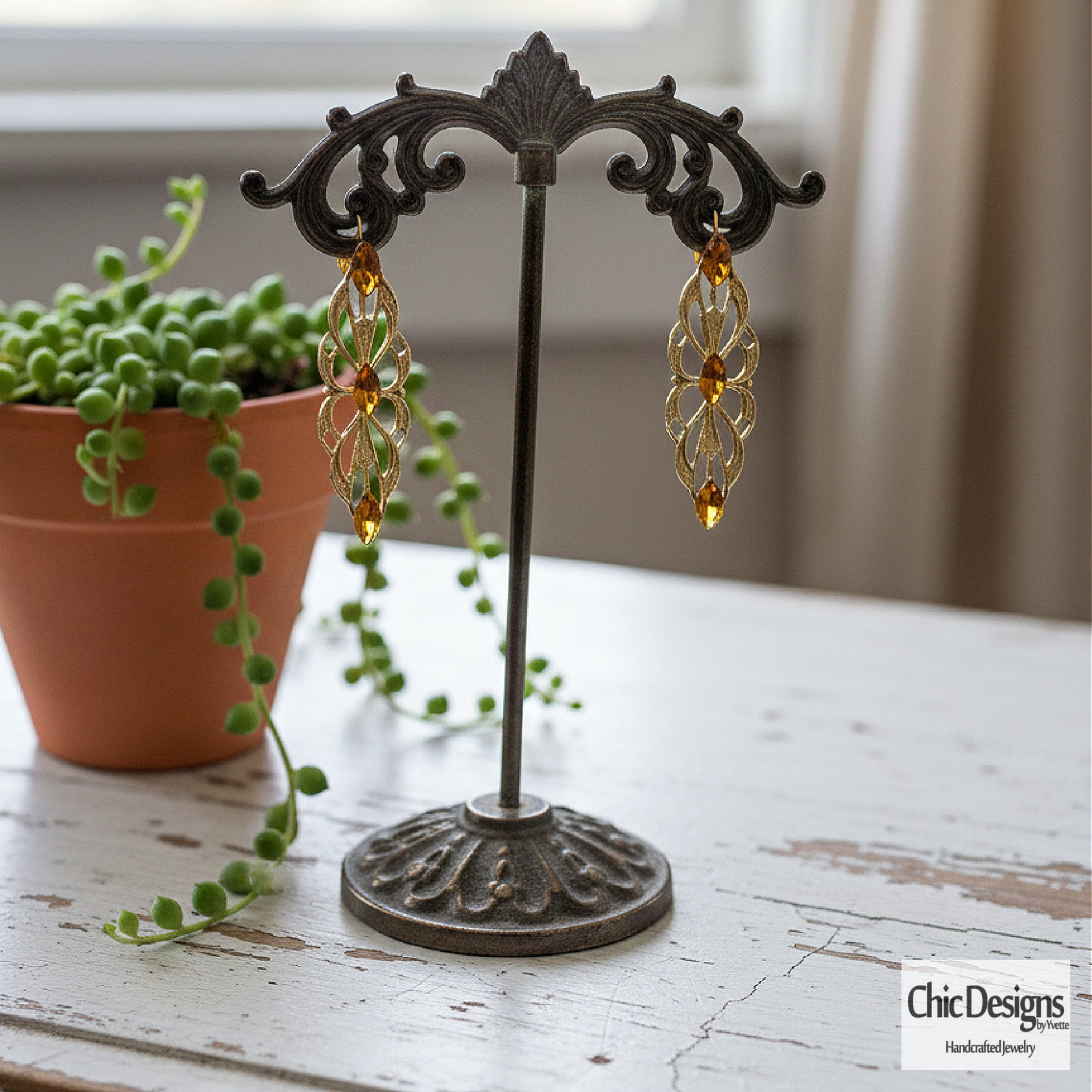 Amber Swarovski Rhinestone Filigree Pendant Earrings