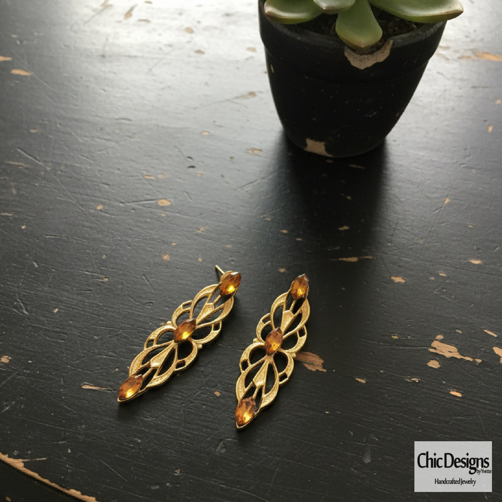 Amber Swarovski Rhinestone Filigree Pendant Earrings