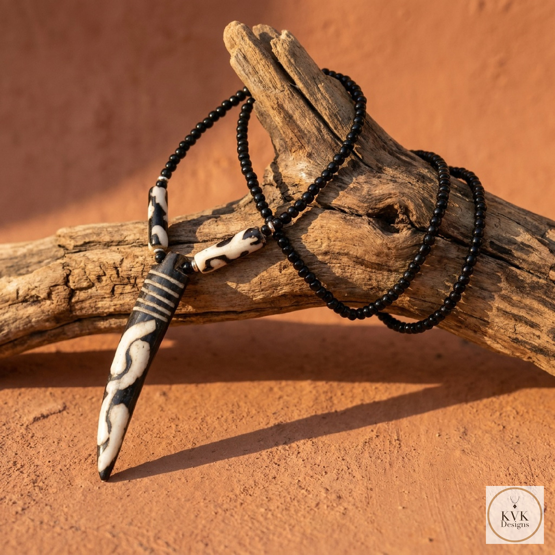 Batik Bone Tooth Pendant on Beaded Chain