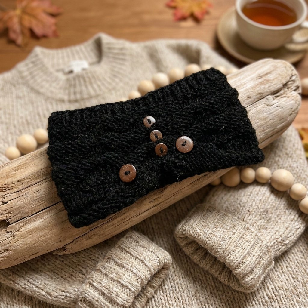 Hand-Knit Black Wool Headband with Buttons - Cozy Ear Warmer for Women