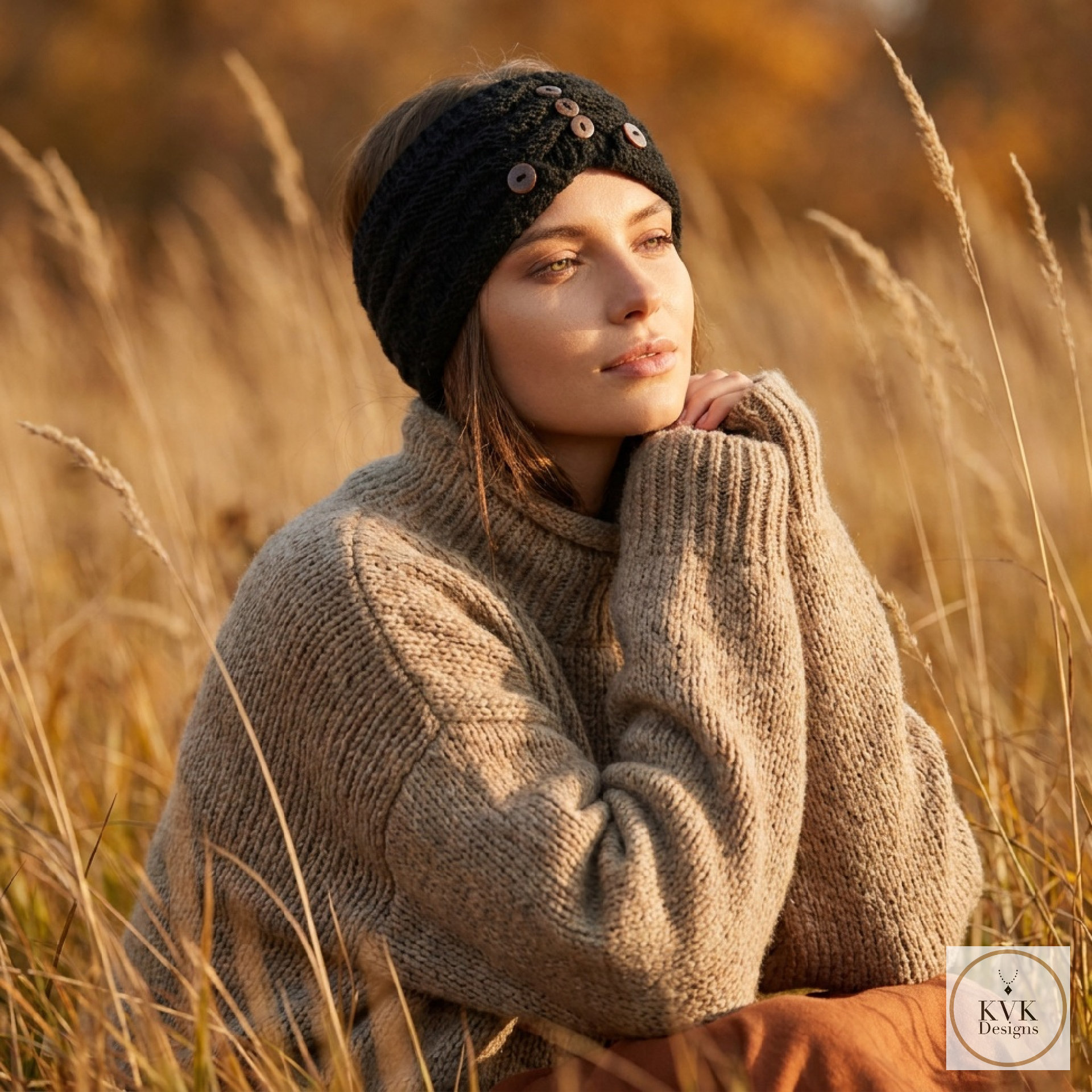 Hand-Knit Black Wool Headband with Buttons - Cozy Ear Warmer for Women