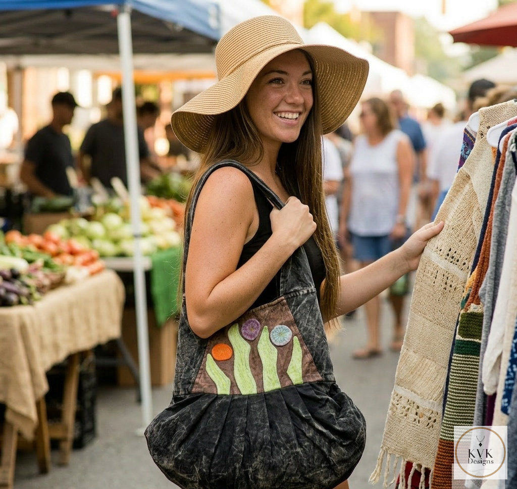 Boho Black Flower Hobo Bag – Stylish Hippie Sling Purse