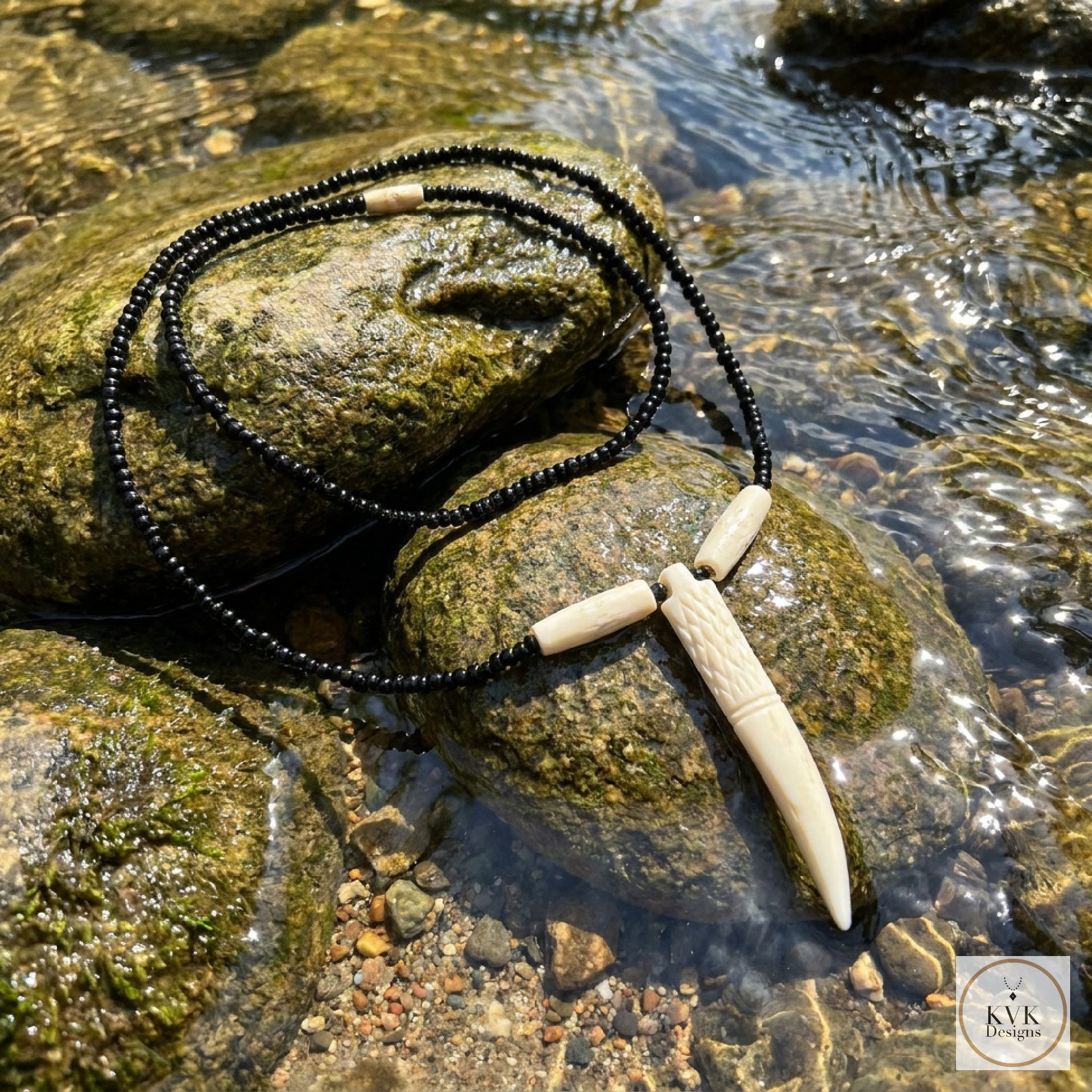 Bone Tooth Pendant on Beaded Chain