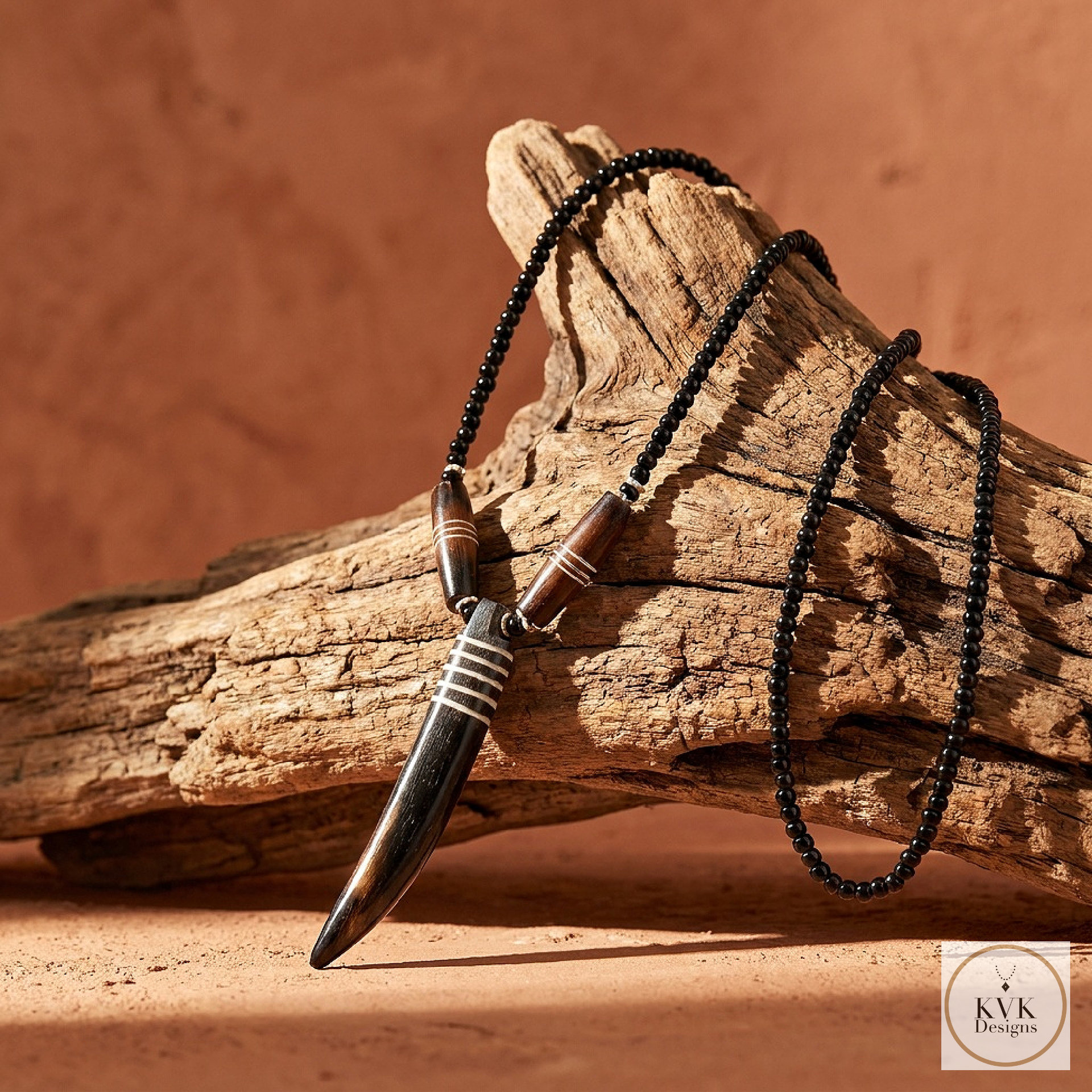 Brown Bone Tooth Pendant on Beaded Chain