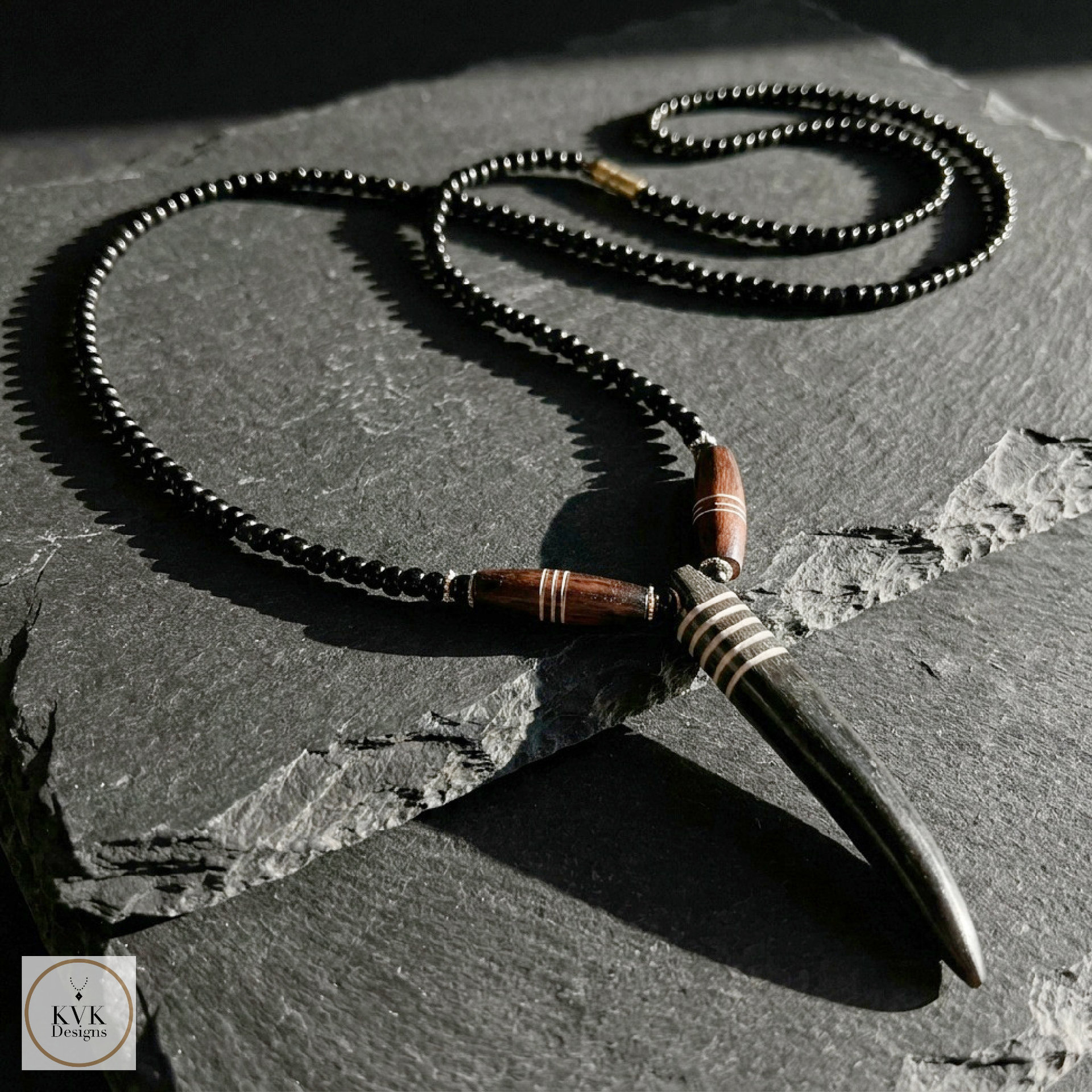 Brown Bone Tooth Pendant on Beaded Chain