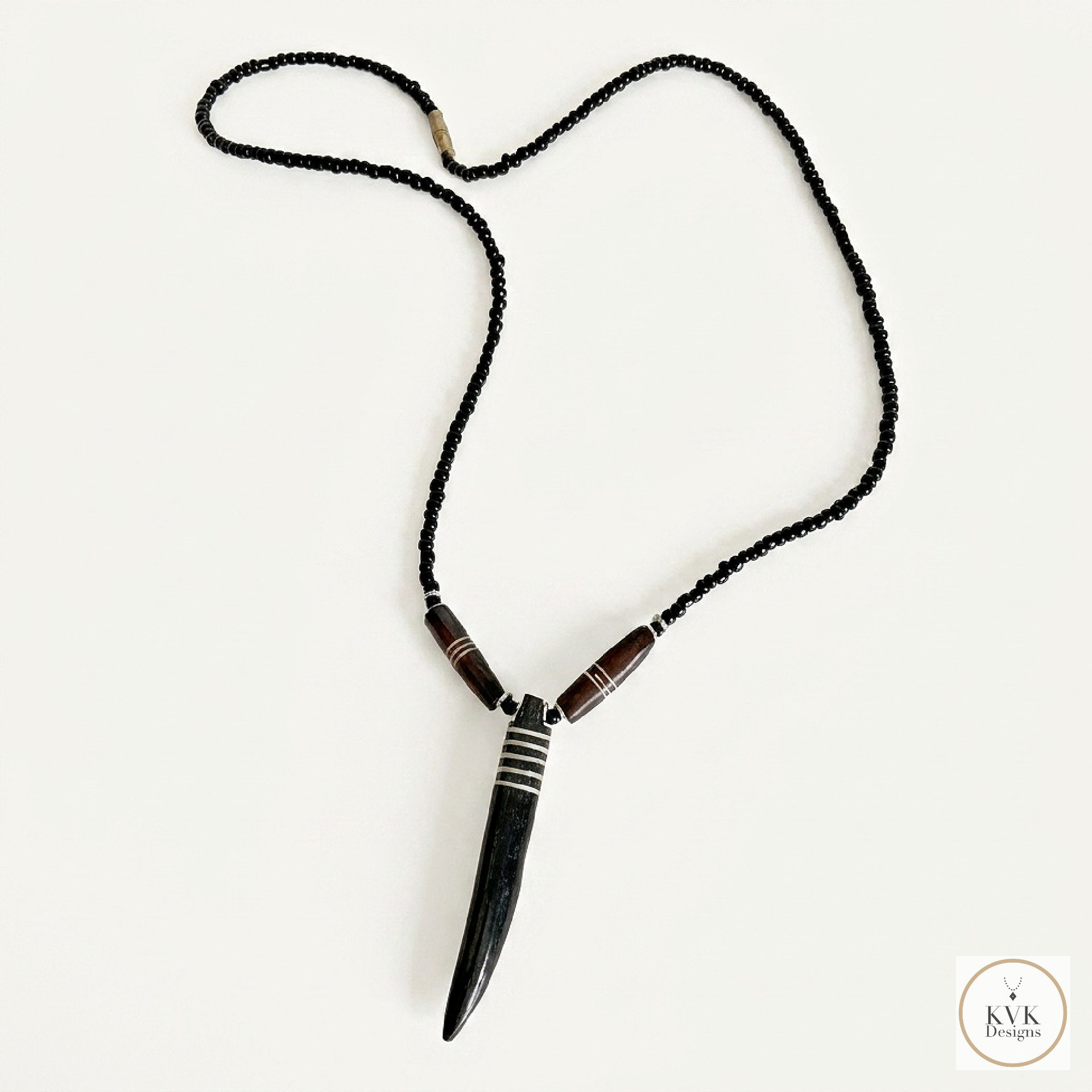 Brown Bone Tooth Pendant on Beaded Chain