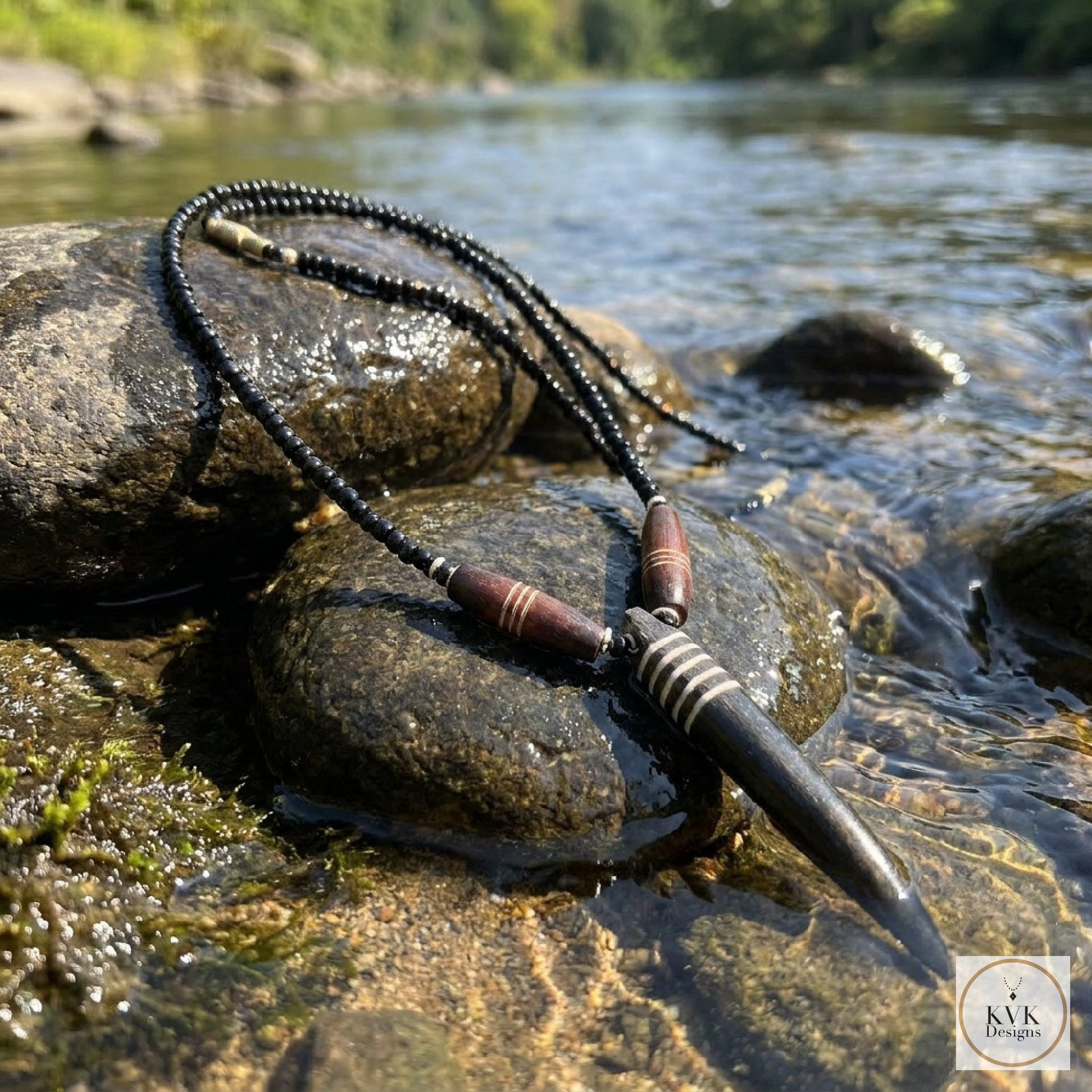 Brown Bone Tooth Pendant on Beaded Chain