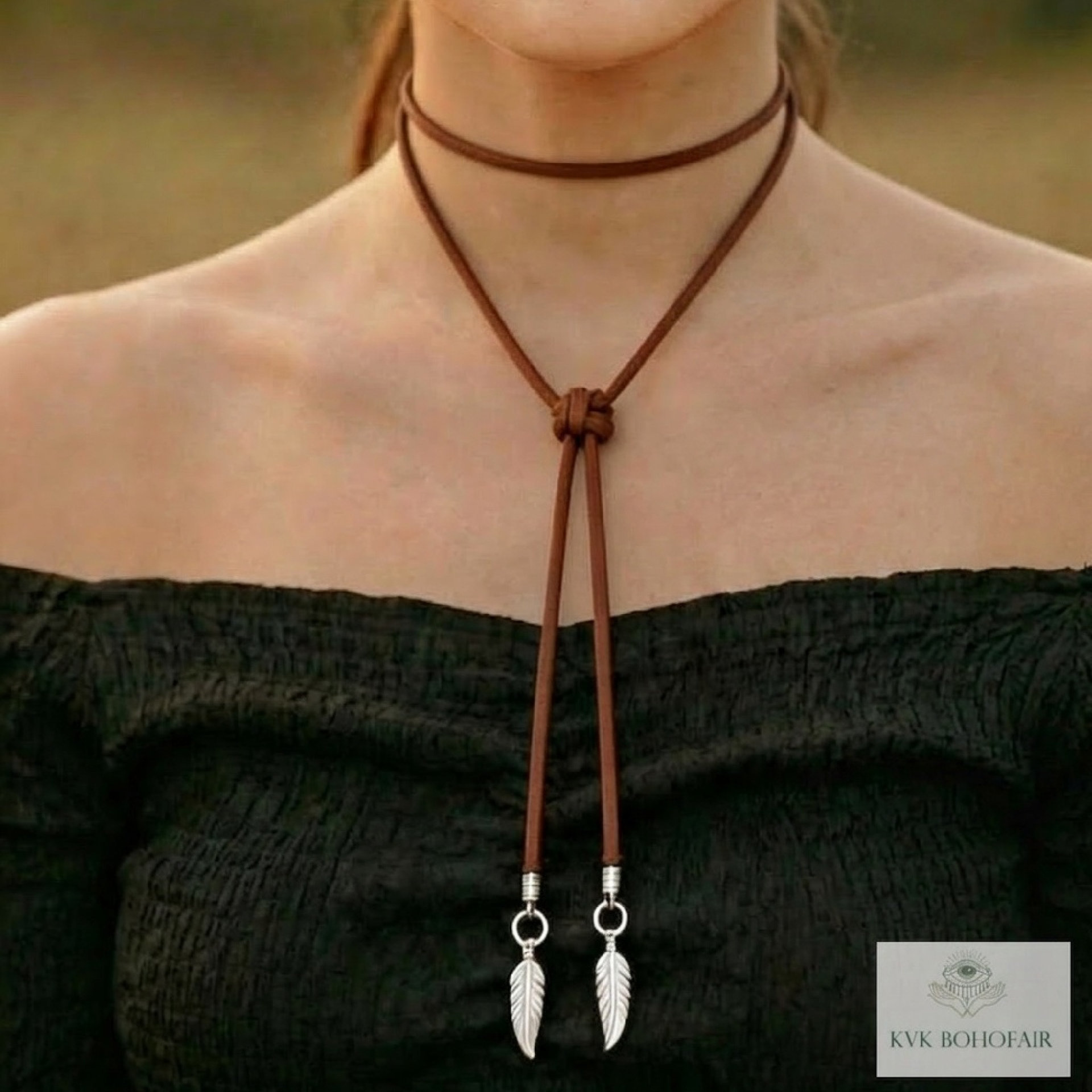 Boho Chic: Brown Suede Lariat Feather Necklace - Adjustable Length, Long Bohemian Jewelry