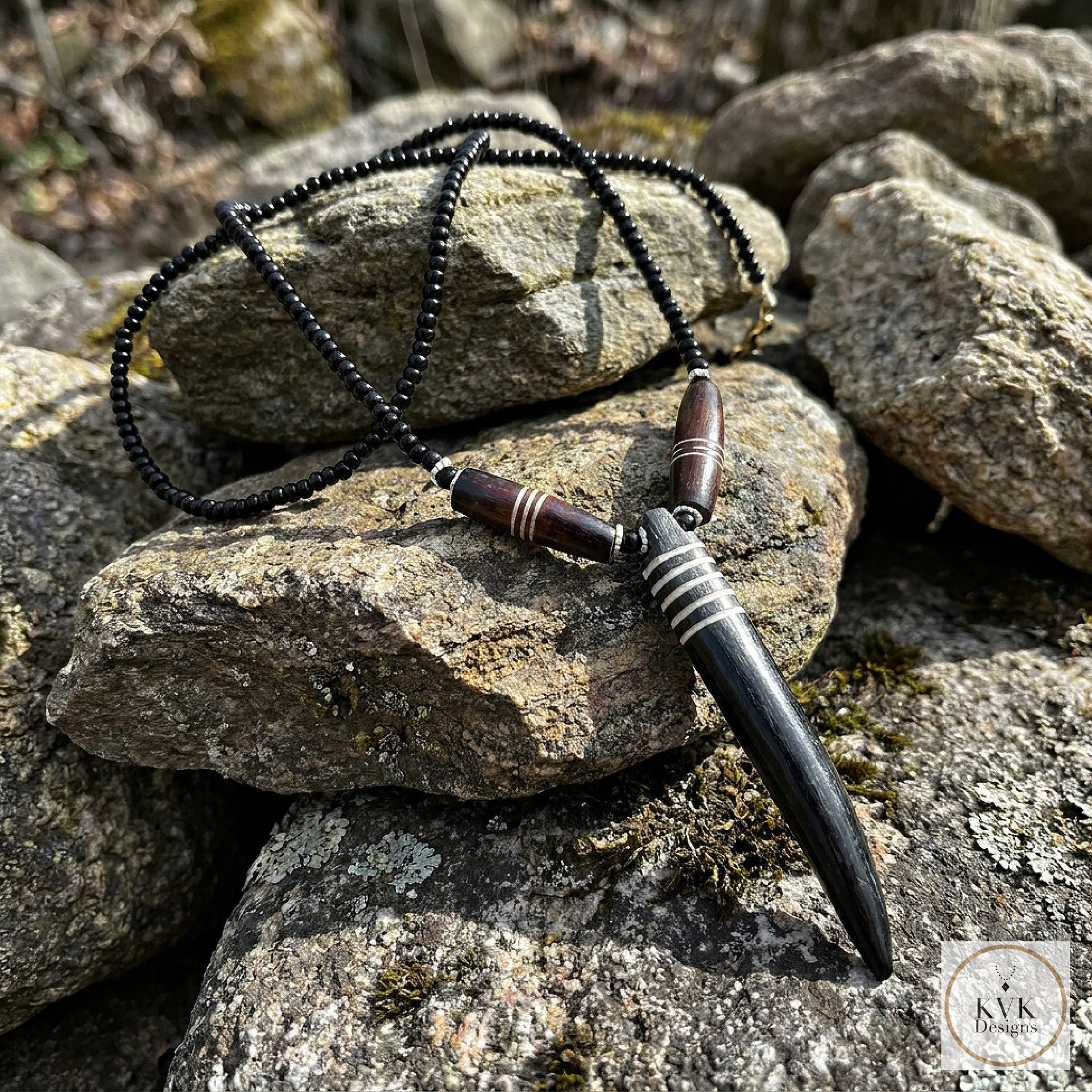 Brown Bone Tooth Pendant on Beaded Chain