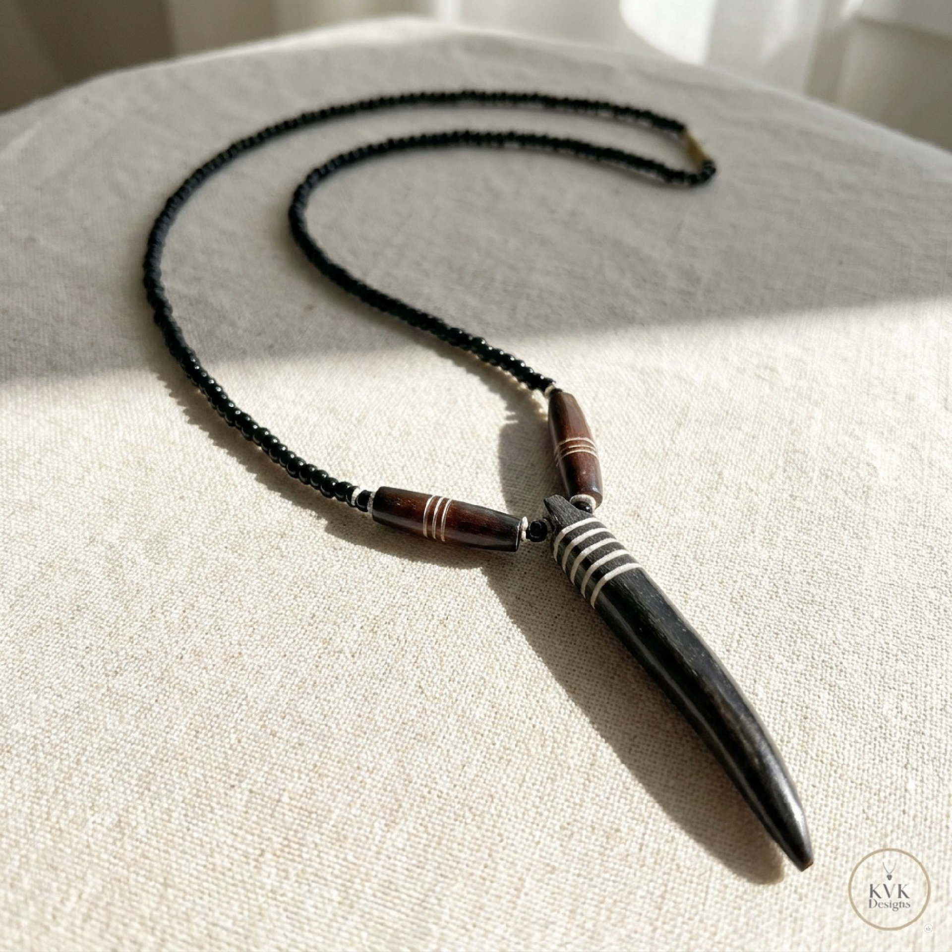 Brown Bone Tooth Pendant on Beaded Chain