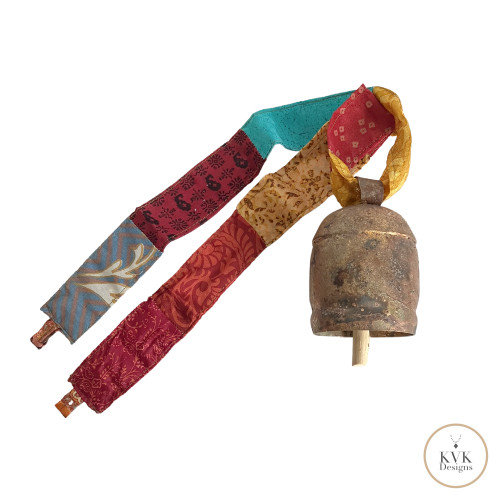 Boho Copper Bell Colorful Sari Silk Ribbon Artisan Wall Hanging
