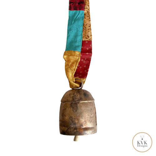Boho Copper Bell Colorful Sari Silk Ribbon Artisan Wall Hanging