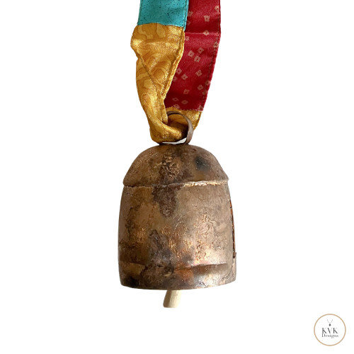 Boho Copper Bell Colorful Sari Silk Ribbon Artisan Wall Hanging