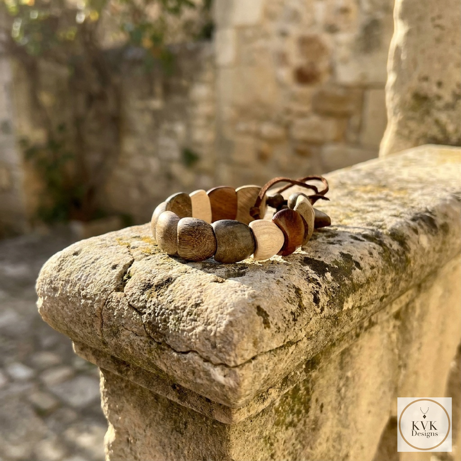 Dance with Druids Wood Bracelet, Adjustable Suede Cord, Handcrafted Earthy Jewelry