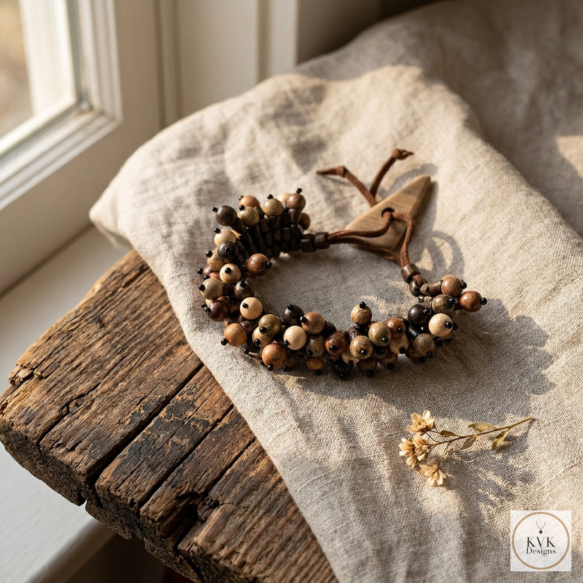 Flora Wood Bead Bracelet, Adjustable Suede Cord, Handcrafted Earthy Jewelry
