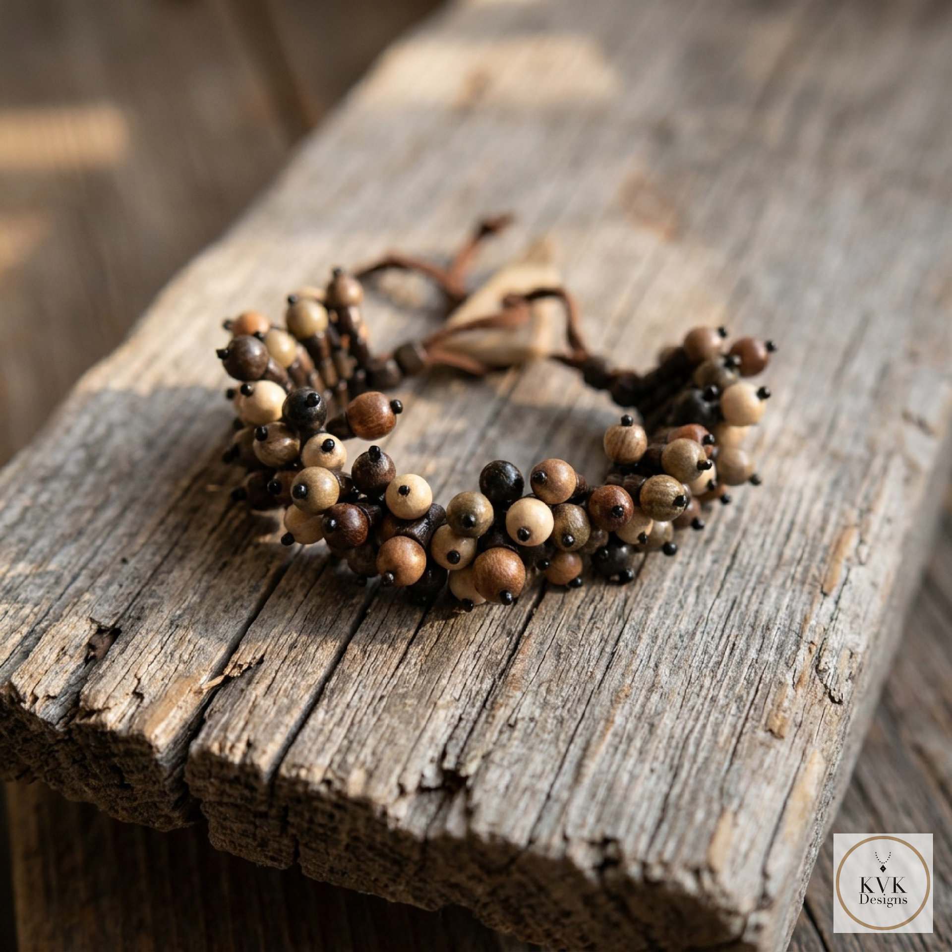 Flora Wood Bead Bracelet, Adjustable Suede Cord, Handcrafted Earthy Jewelry