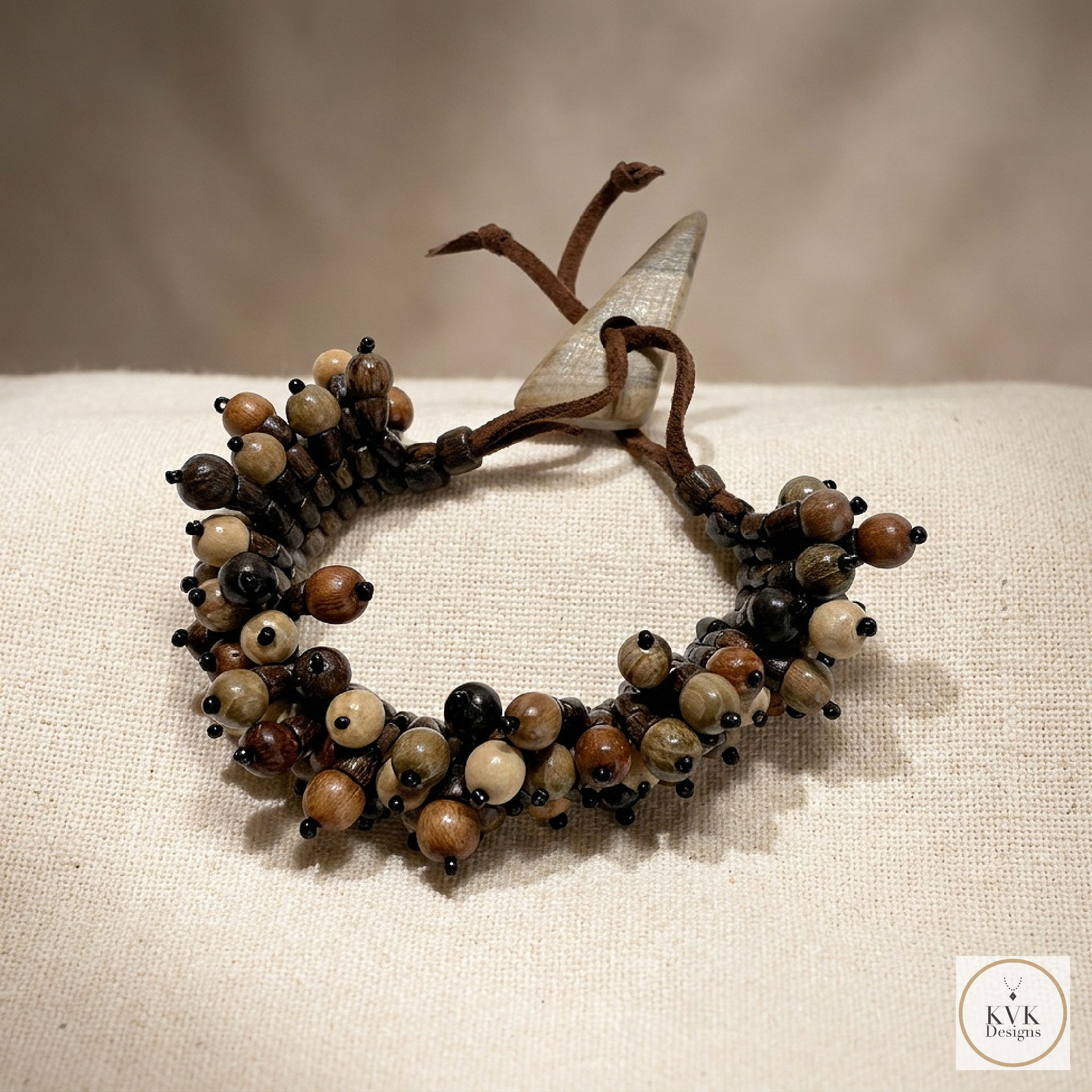 Flora Wood Bead Bracelet, Adjustable Suede Cord, Handcrafted Earthy Jewelry