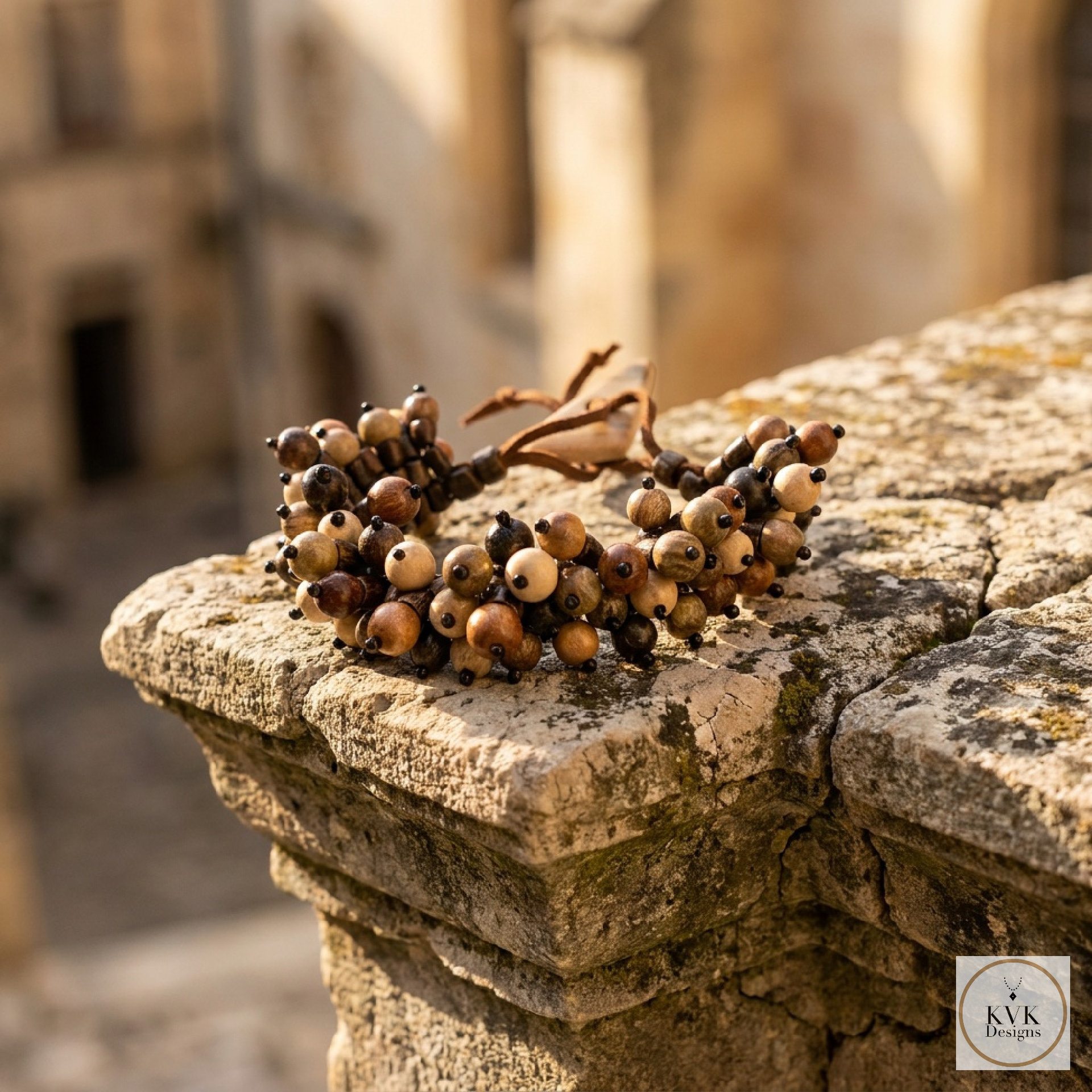 Flora Wood Bead Bracelet, Adjustable Suede Cord, Handcrafted Earthy Jewelry