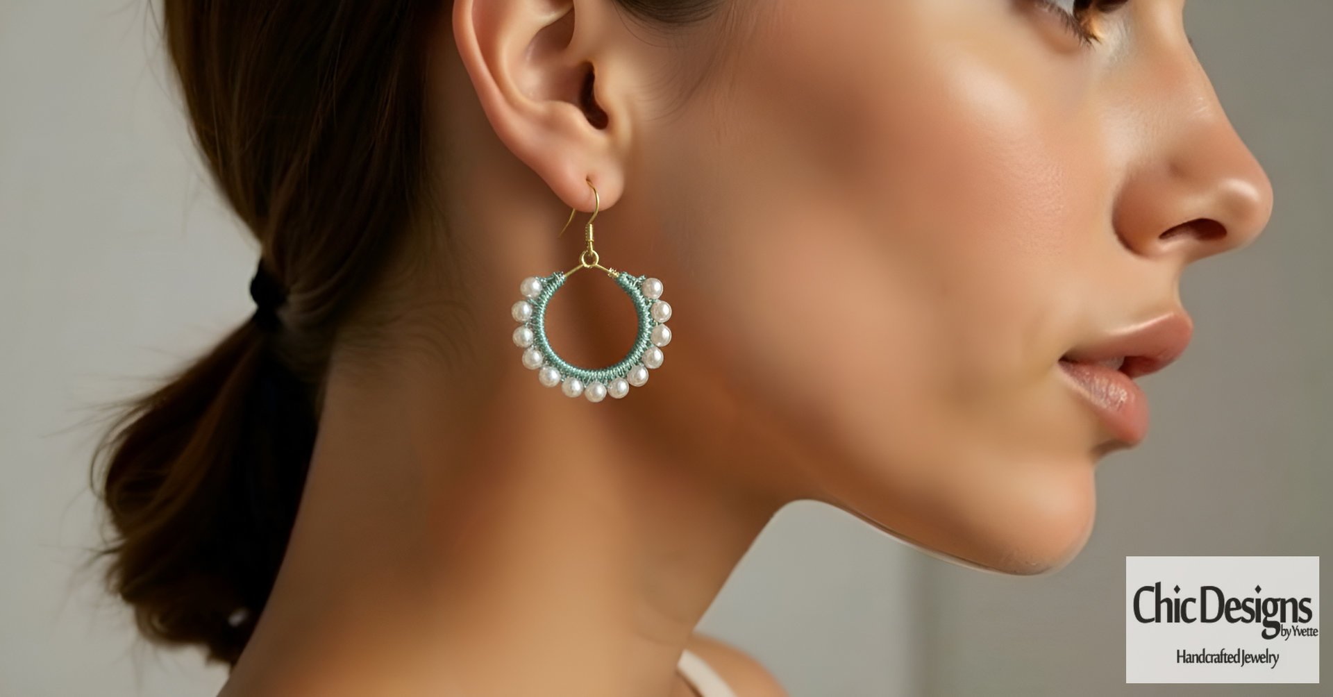 Elegant Freshwater Pearl Earrings with Hand-Woven Green Silk Hoops