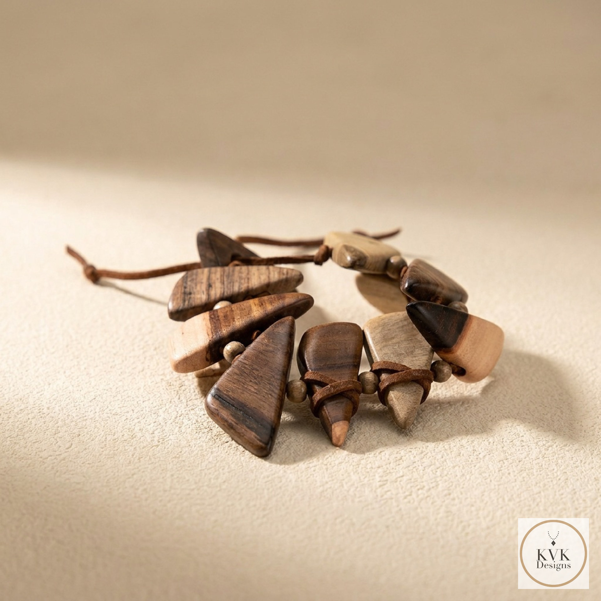 Geometric Wooden Bracelet - Adjustable Suede Cord, Handcrafted Earthy Jewelry