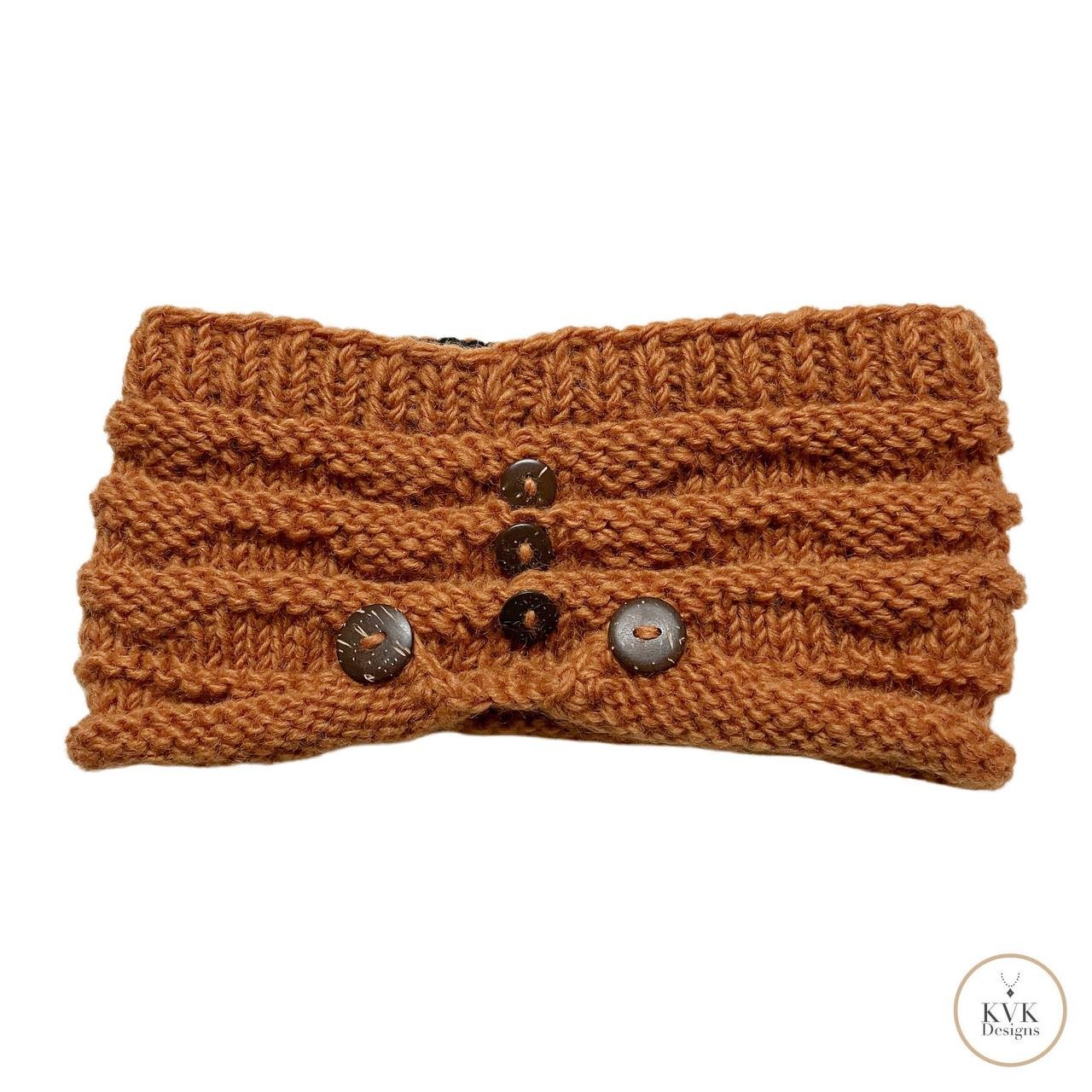 Hand-Knit Orange Wool Headband with Buttons - Cozy Ear Warmer for Women
