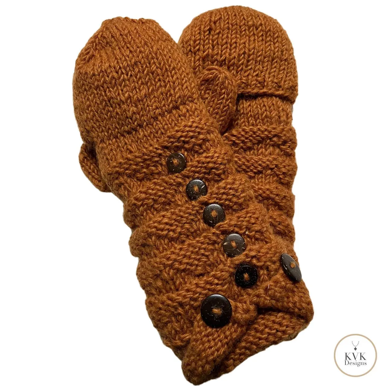 Hand-Knit Orange Wool Mittens with Wooden Buttons - Convertible Fingerless Gloves