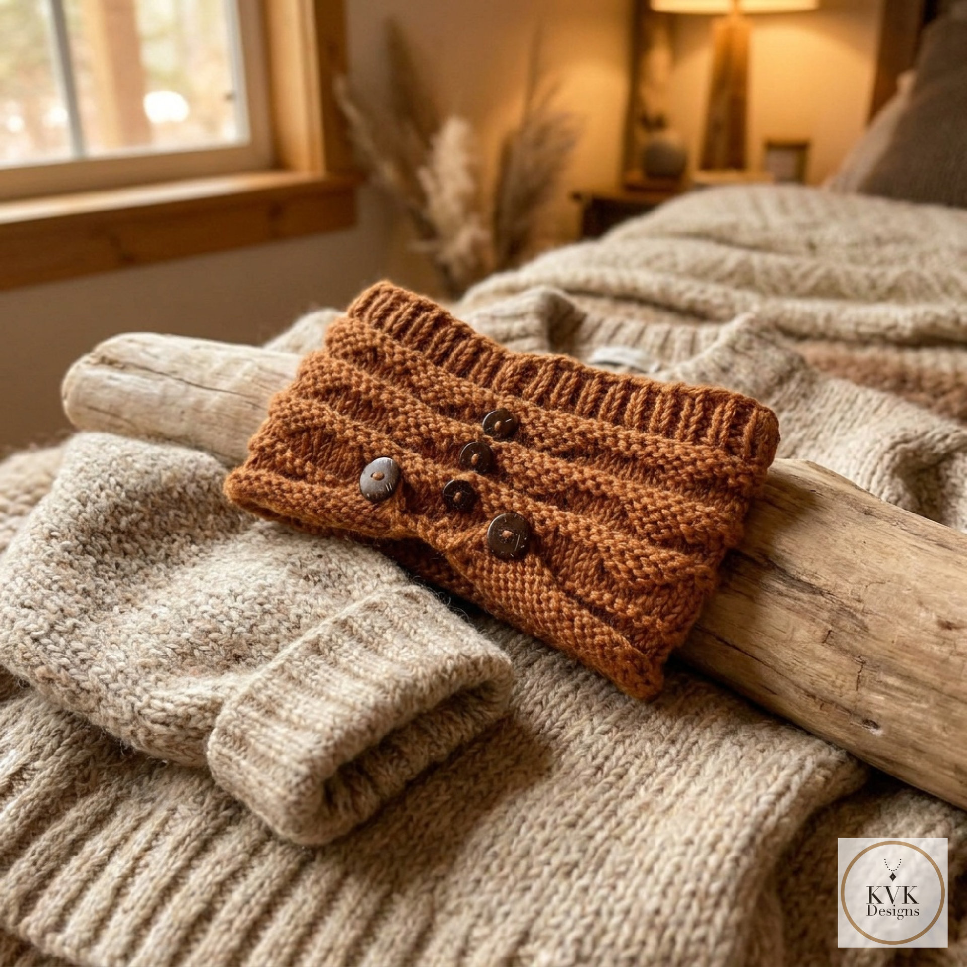 Hand-Knit Orange Wool Headband with Buttons - Cozy Ear Warmer for Women