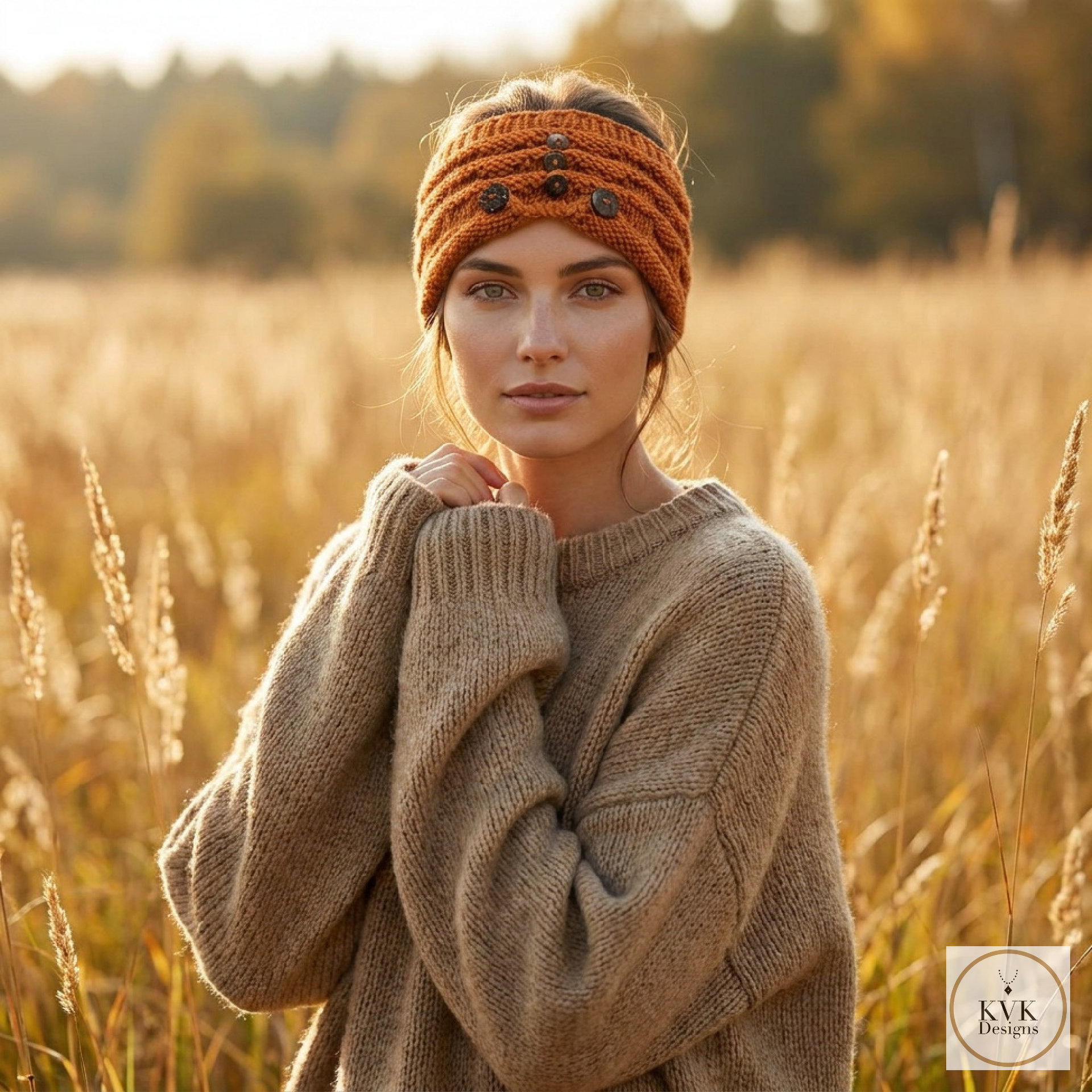 Hand-Knit Orange Wool Headband with Buttons - Cozy Ear Warmer for Women