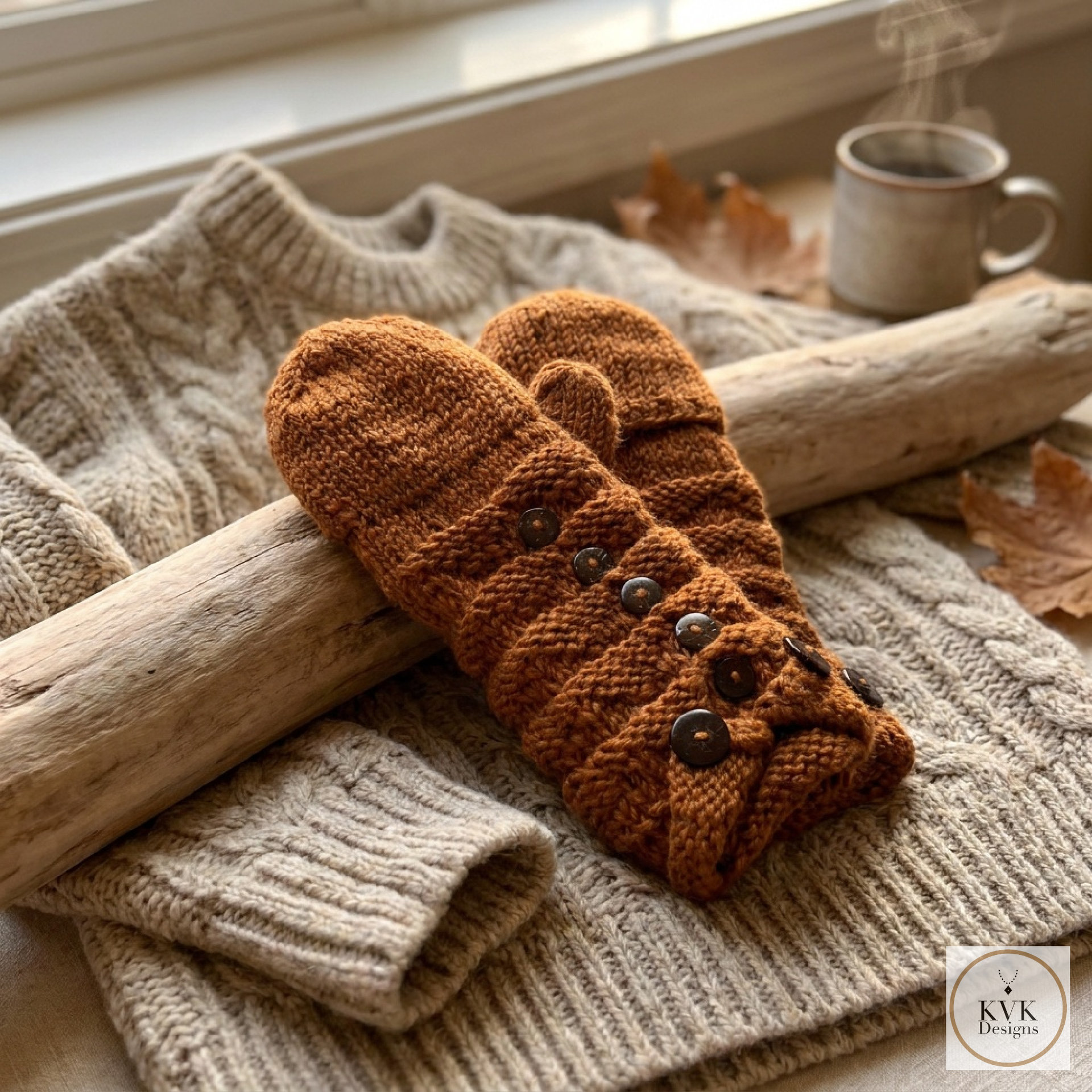 Hand-Knit Orange Wool Mittens with Wooden Buttons - Convertible Fingerless Gloves
