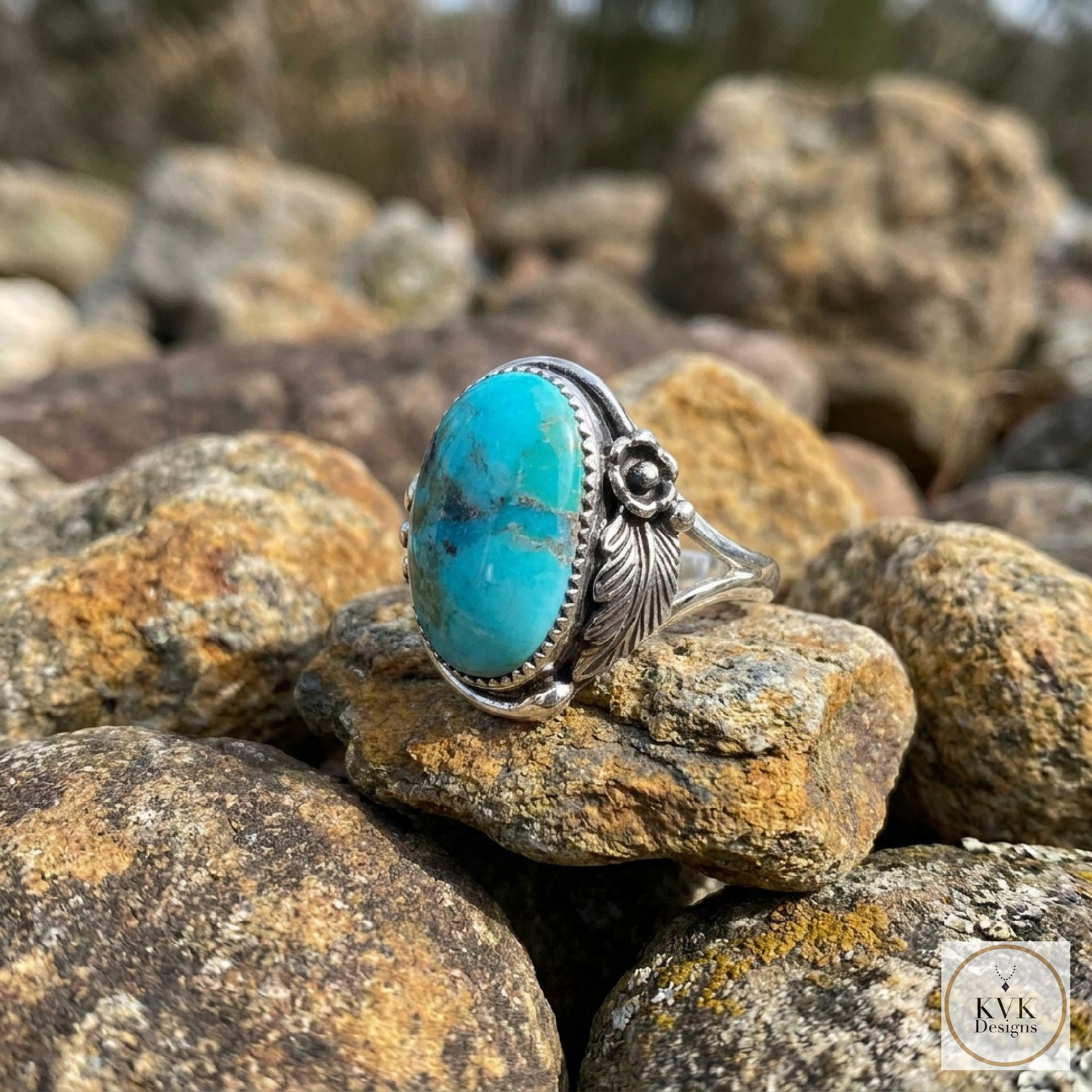 Oval Reconstituted Turquoise Floral Design Ring