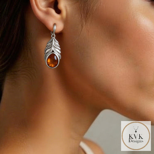 Oxidized Amber Feather Earrings