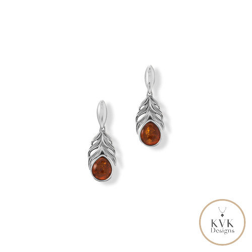 Oxidized Amber Feather Earrings