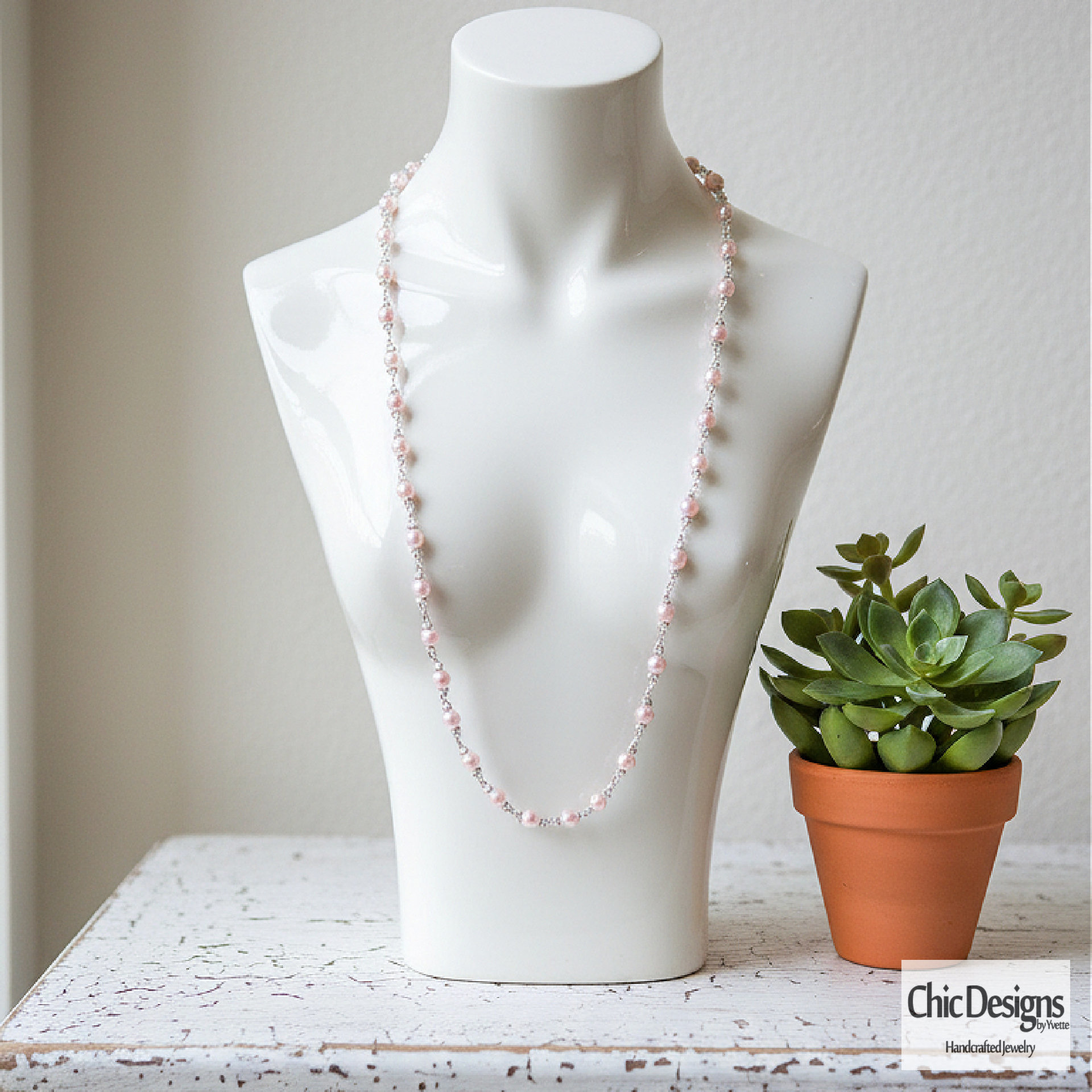 Pink Pearl and Pink Crystal Silver Link Necklace