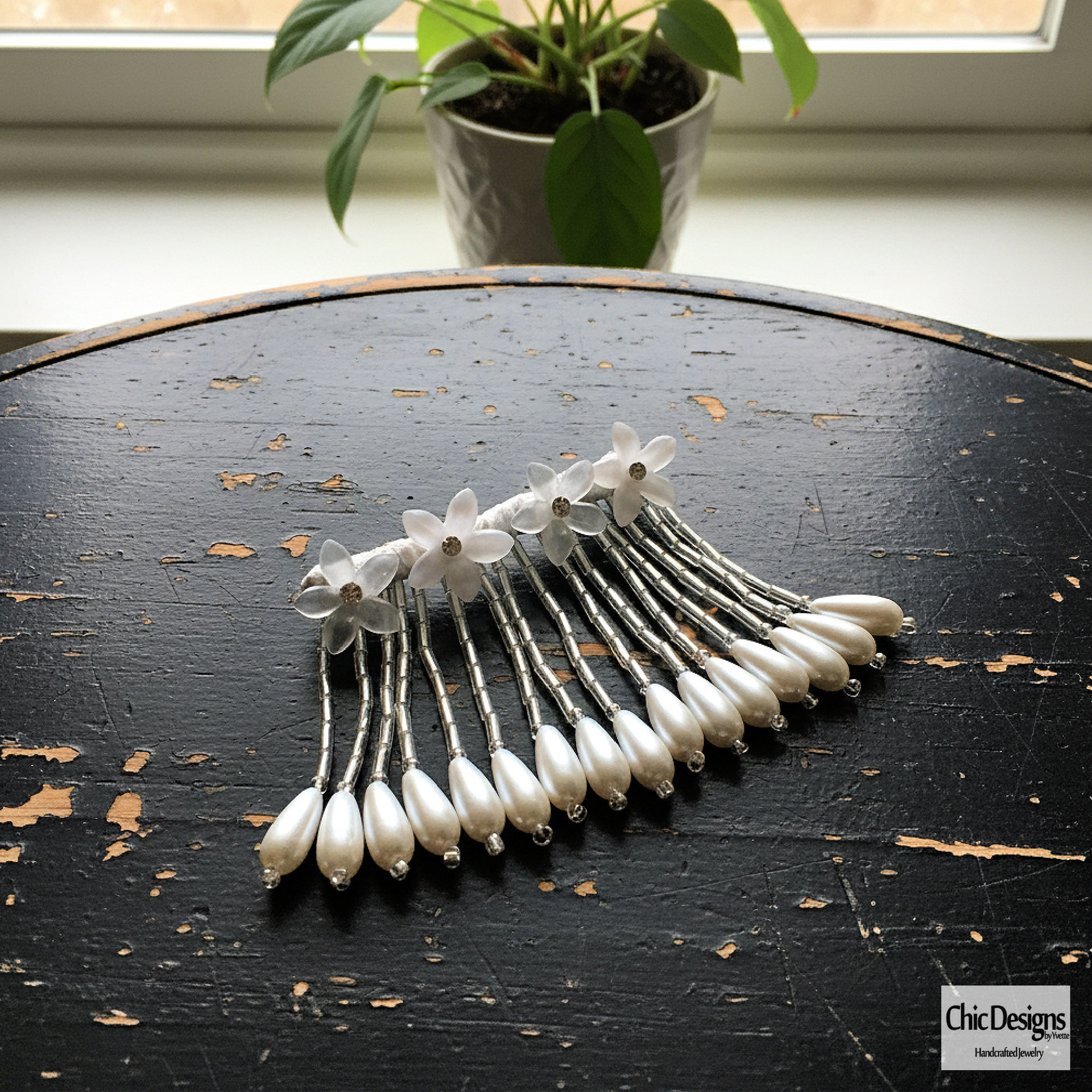 Rhinestone and Resin Flowered Fringe with Pearl Accented Hairpin