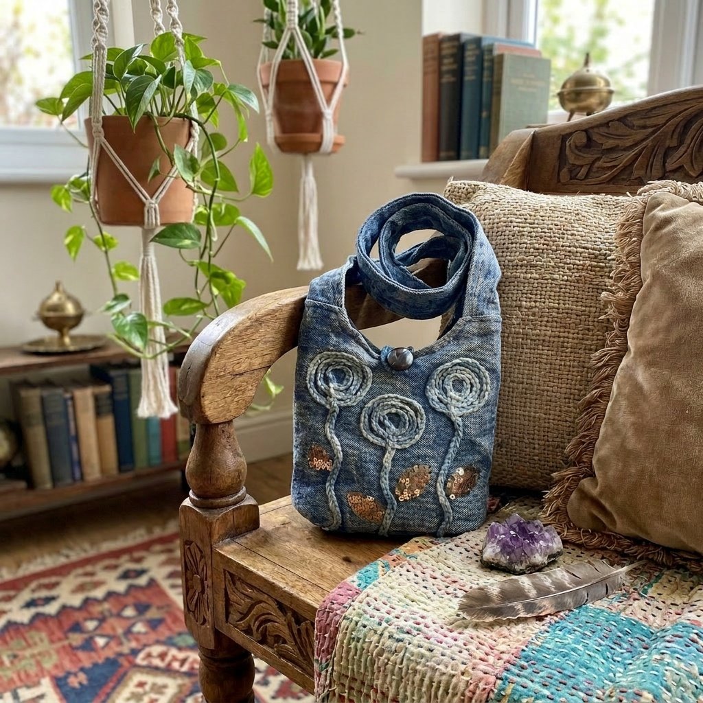 Blue Flower Cotton Crossbody Bag