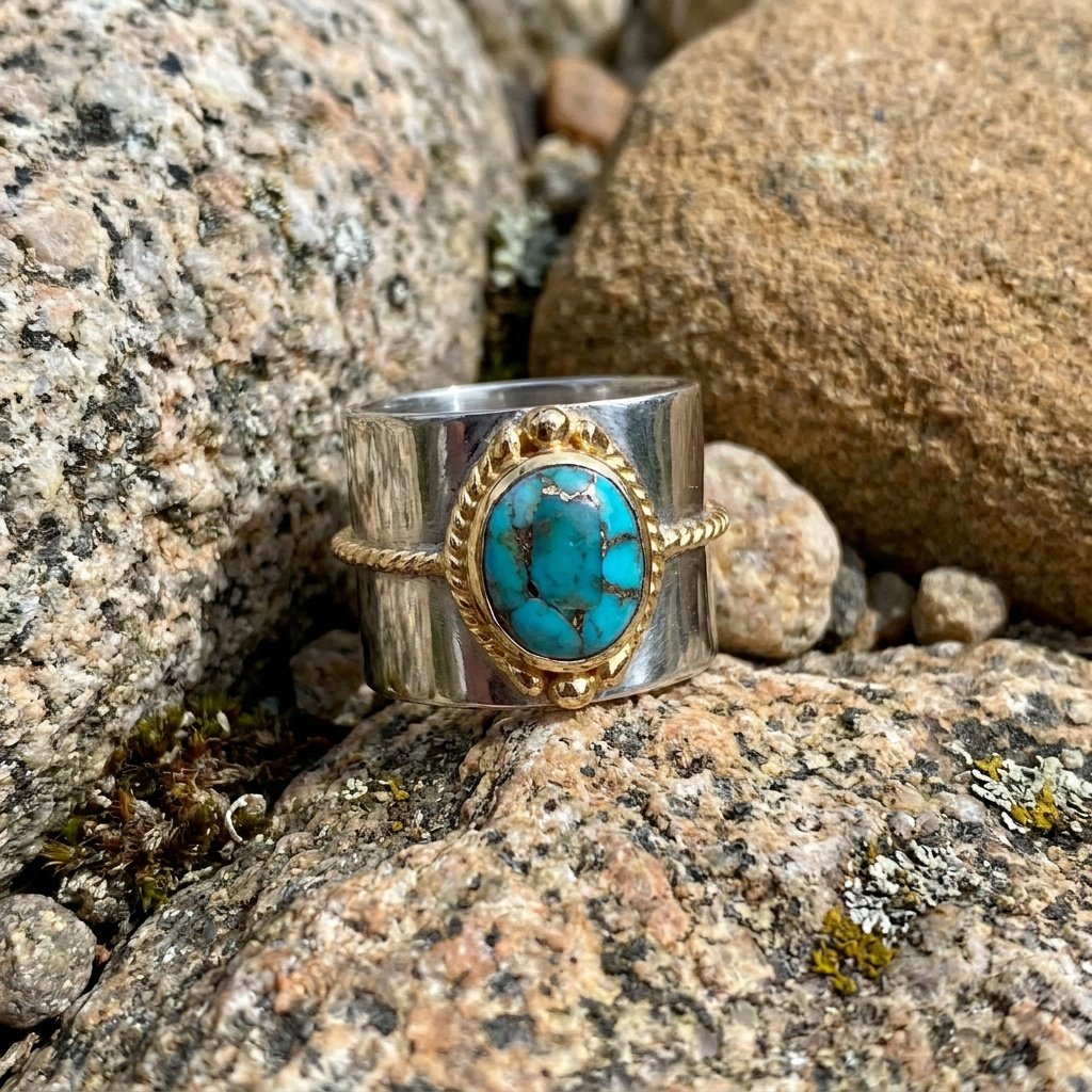 Two Tone Rope Edge Turquoise Ring
