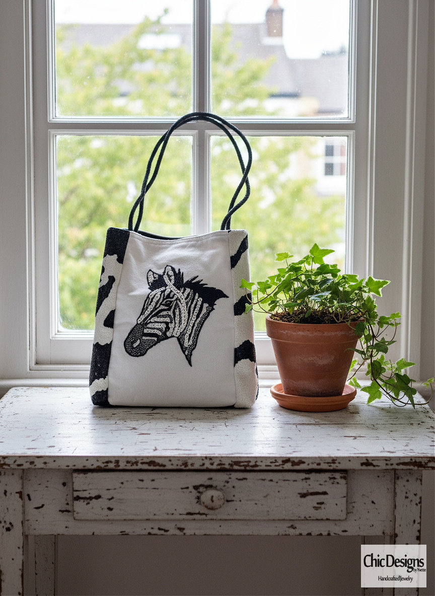 Zebra Tote Bag with Hand-Embroidered Sequins