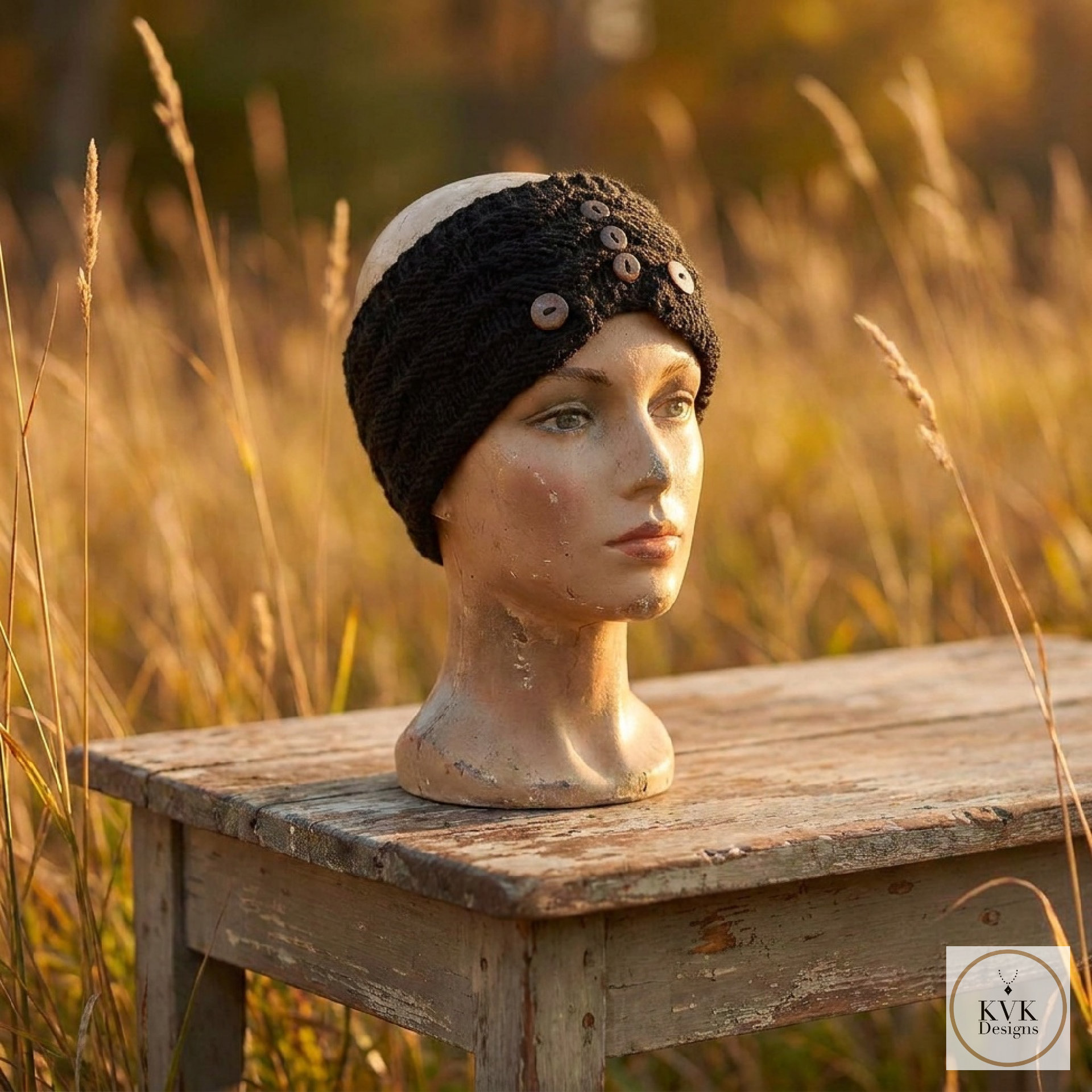 Hand-Knit Black Wool Headband with Buttons - Cozy Ear Warmer for Women