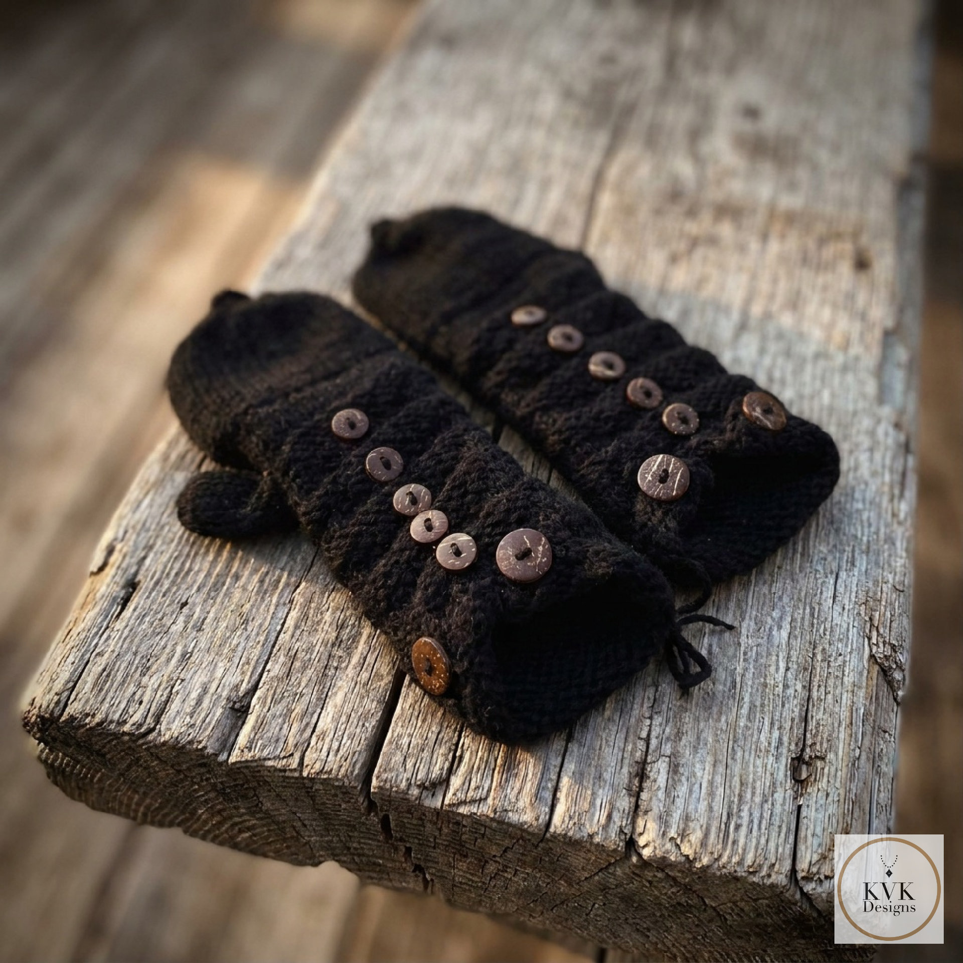 Hand-Knit Black Wool Mittens with Wooden Buttons - Convertible Fingerless Gloves