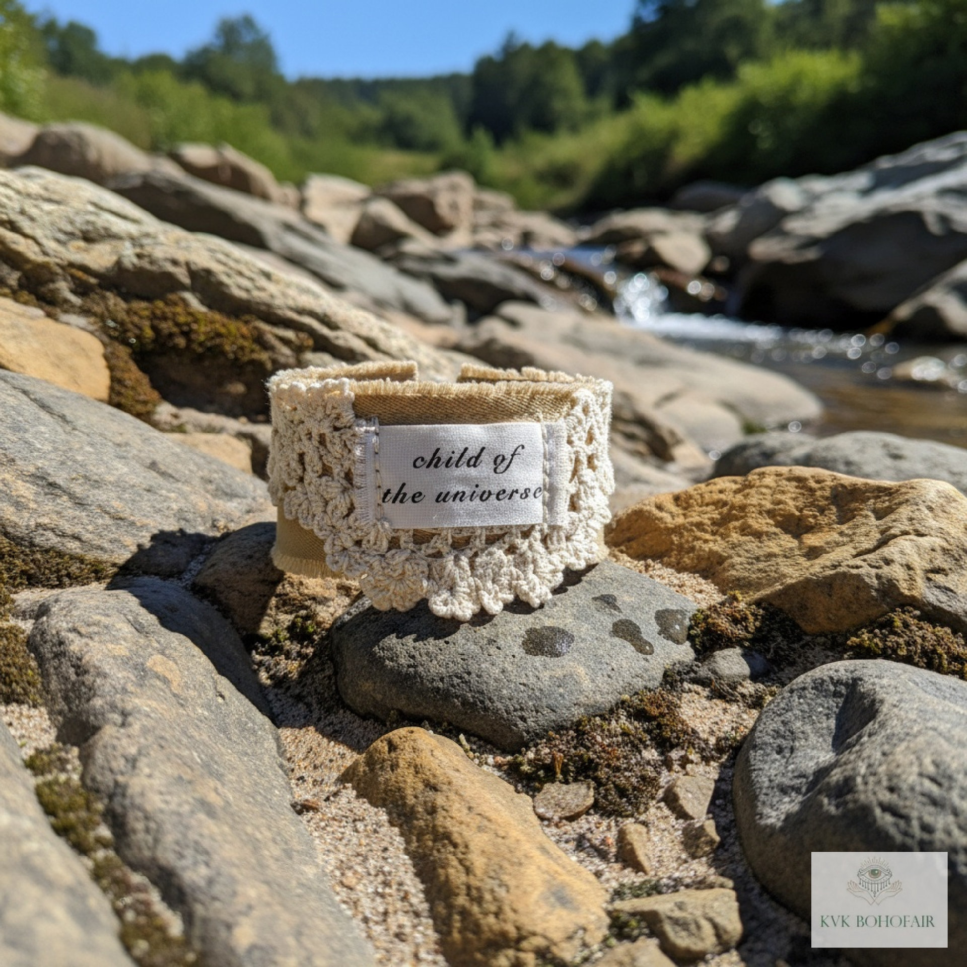 Boho Celestial Cotton Cuff Bracelet - Stamped adult Fabric Wrist Wrap