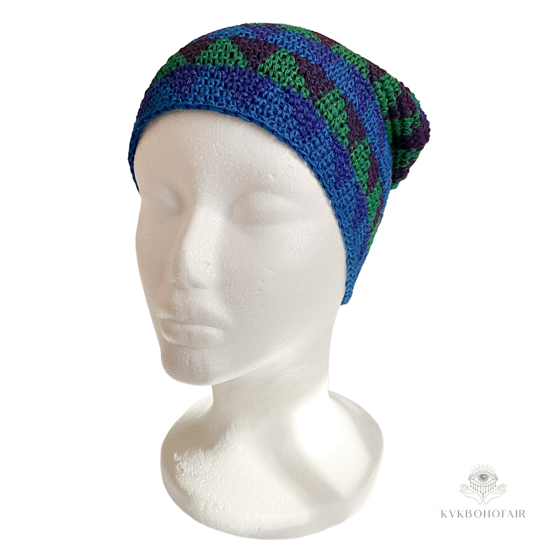 Blue Zig Zag Kufi Skull Cap - Crocheted Beanie Hat, Ethically sourced