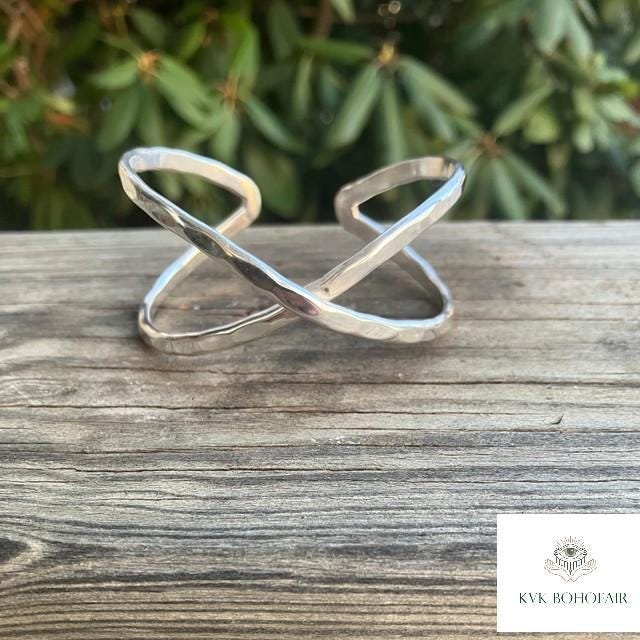 Hammered Silver Criss Cross Cuff Bracelet: Boho X Design