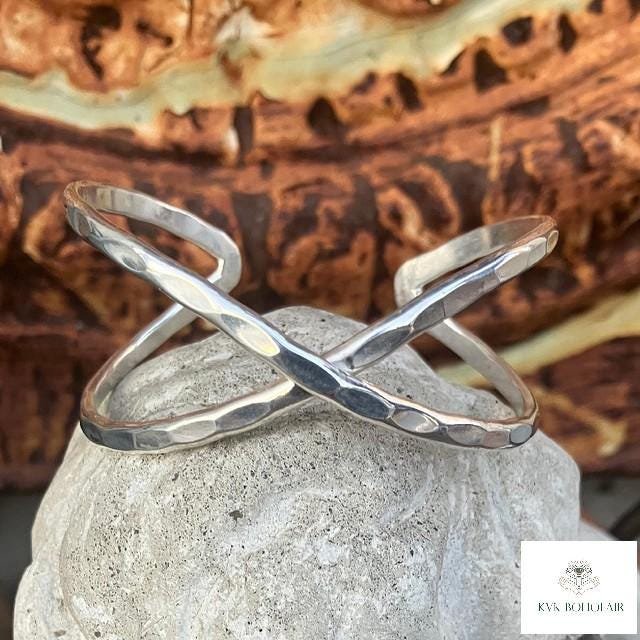Hammered Silver Criss Cross Cuff Bracelet: Boho X Design