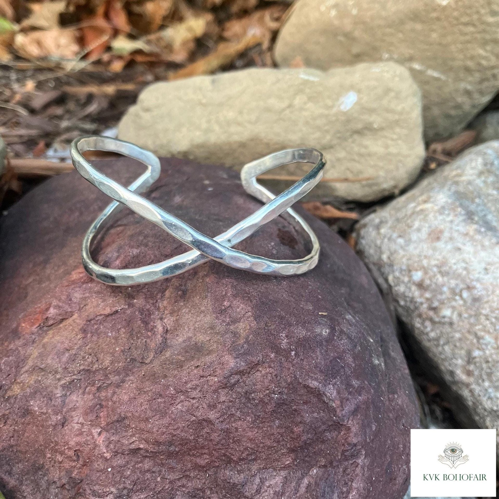 Hammered Silver Criss Cross Cuff Bracelet: Boho X Design