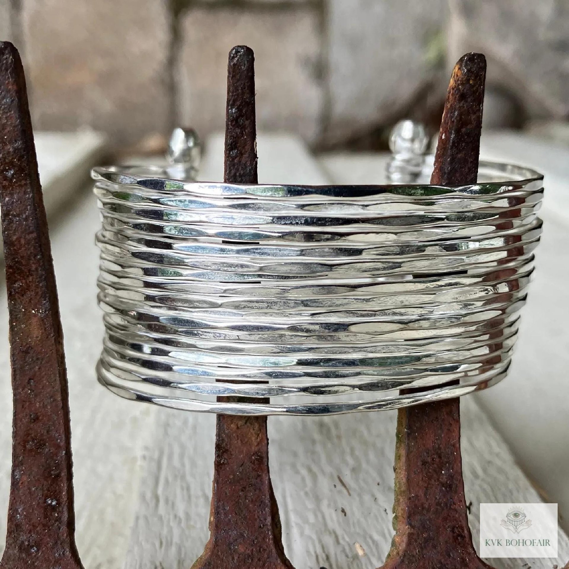 Wide Hammered Silver Cuff Bracelet: Handcrafted Boho Jewelry
