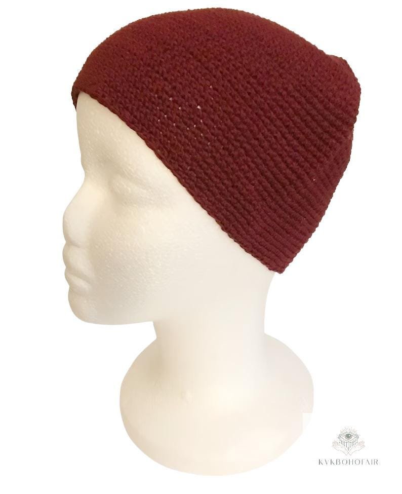 Maroon Kufi Skull Cap - Crocheted Beanie Hat, Ethically sourced
