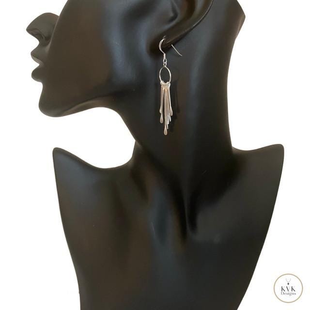 Boho Sterling Silver Fringe Paddle Earrings - Statement Jewelry